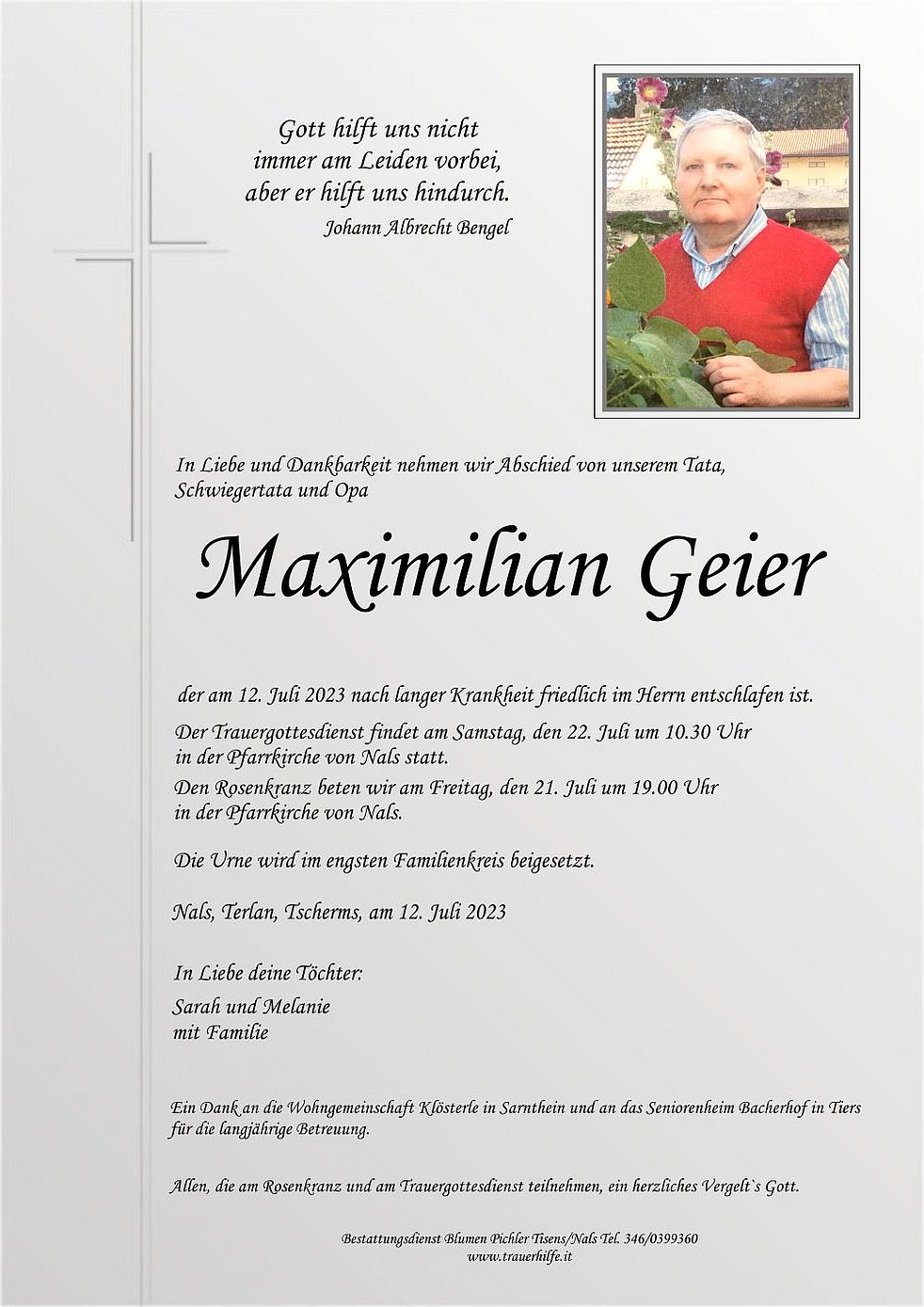 Maximilian Geier aus Tiers TrauerHilfe.it das Südtiroler Gedenkportal