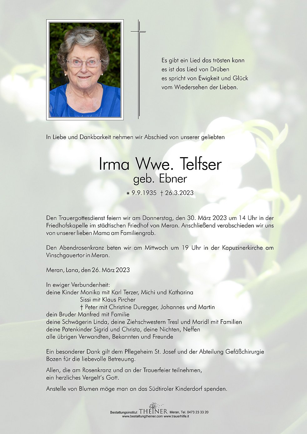 Irma Wwe. Telfser aus Meran TrauerHilfe.it das Südtiroler Gedenkportal