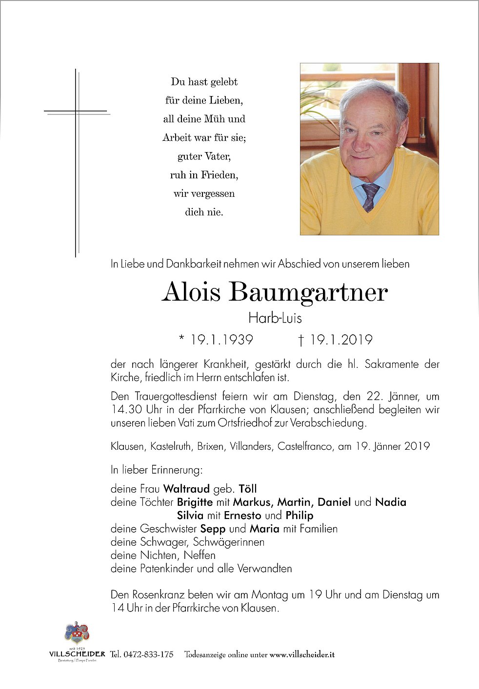 Alois Baumgartner aus Klausen TrauerHilfe.it das Südtiroler