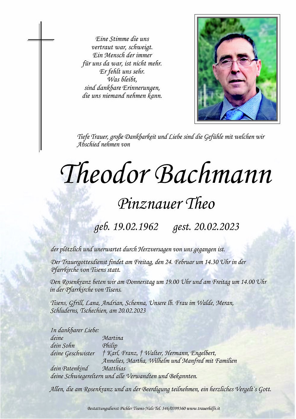 Theodor Bachmann aus Tisens TrauerHilfe.it das Südtiroler Gedenkportal
