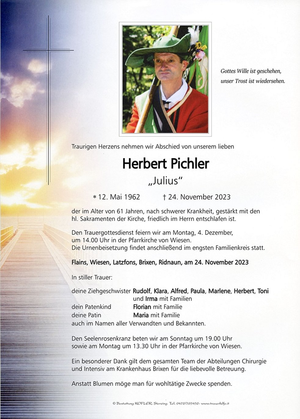 Herbert Pichler aus Sterzing TrauerHilfe.it das Südtiroler Gedenkportal