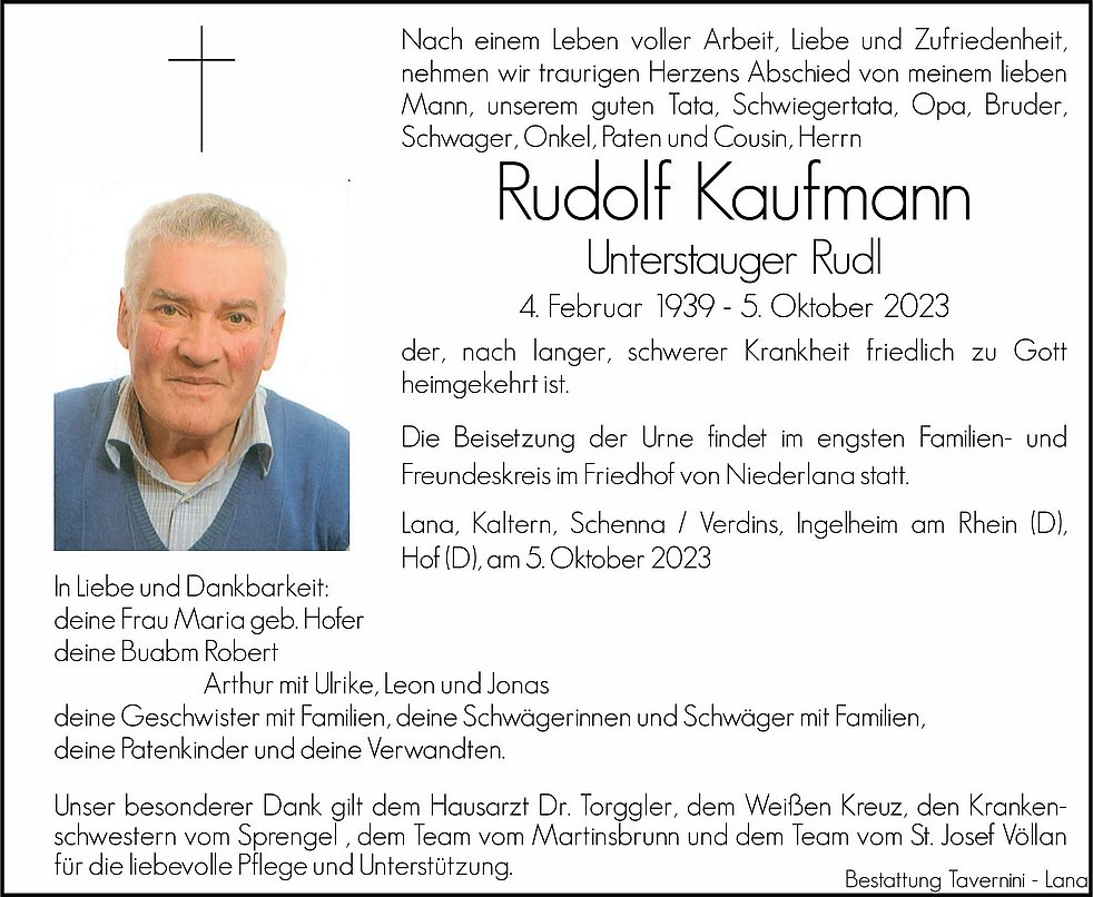 Rudolf Kaufmann aus Lana TrauerHilfe.it das Südtiroler Gedenkportal