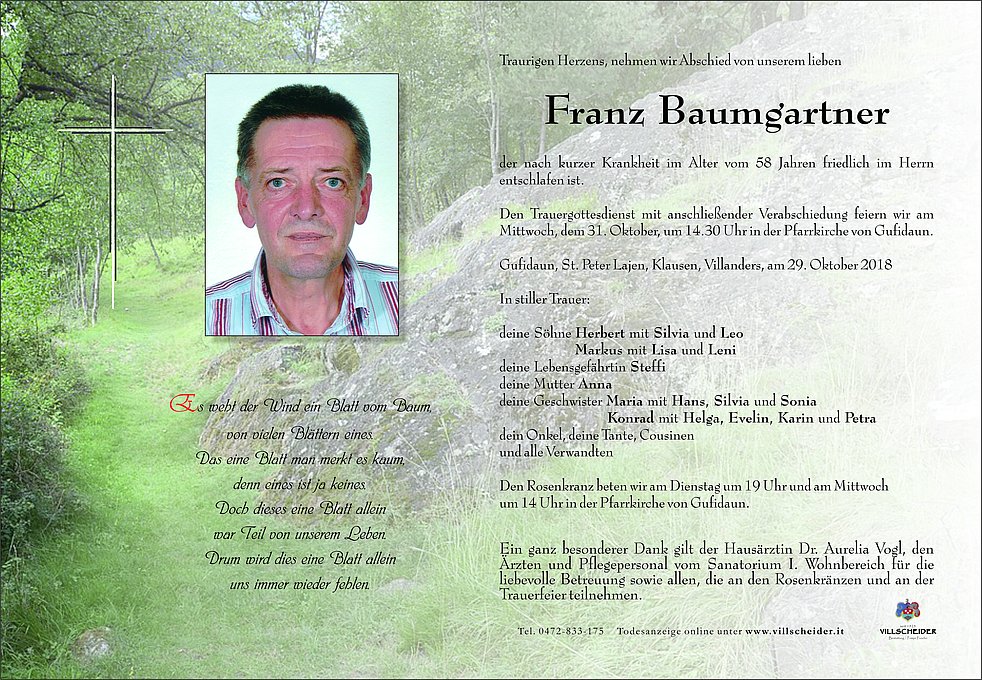 Franz Baumgartner aus Klausen TrauerHilfe.it das Südtiroler