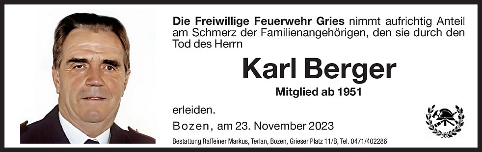 Karl Berger aus Bozen TrauerHilfe.it das Südtiroler Gedenkportal