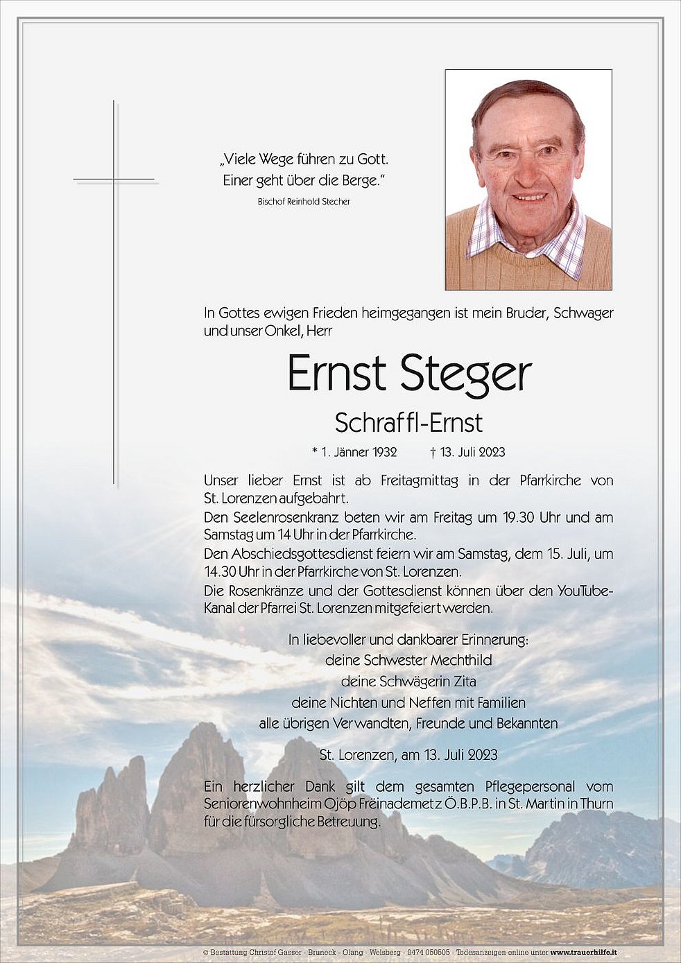 Ernst Steger aus St. Lorenzen TrauerHilfe.it das Südtiroler