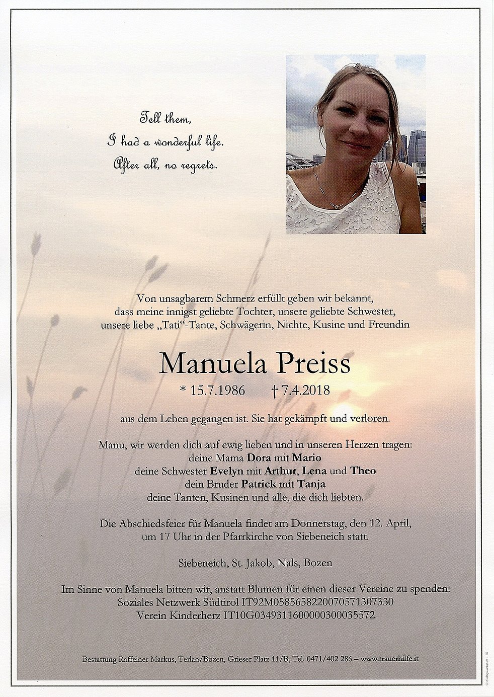 Manuela Preiss aus Bozen - TrauerHilfe.it - das Südtiroler Gedenkportal