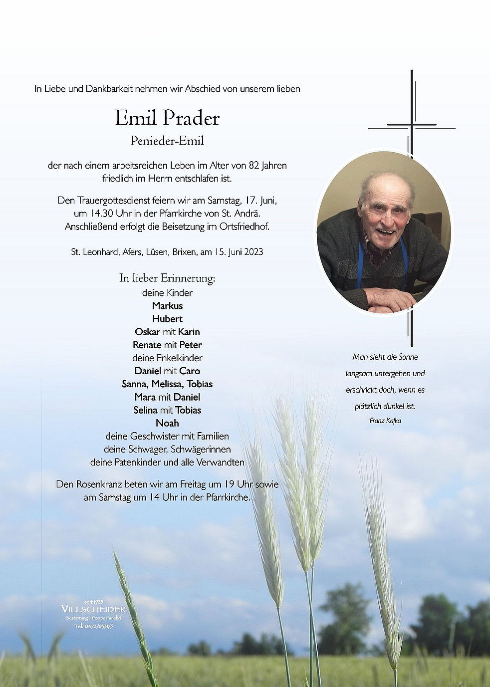 Emil Prader aus Brixen TrauerHilfe.it das Südtiroler Gedenkportal