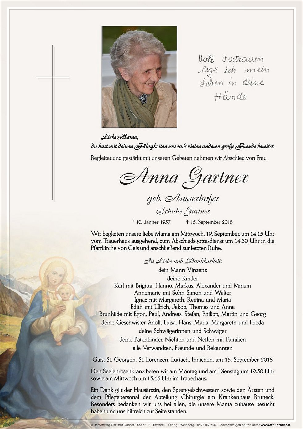 Anna Gartner aus Gais TrauerHilfe.it das Südtiroler Gedenkportal