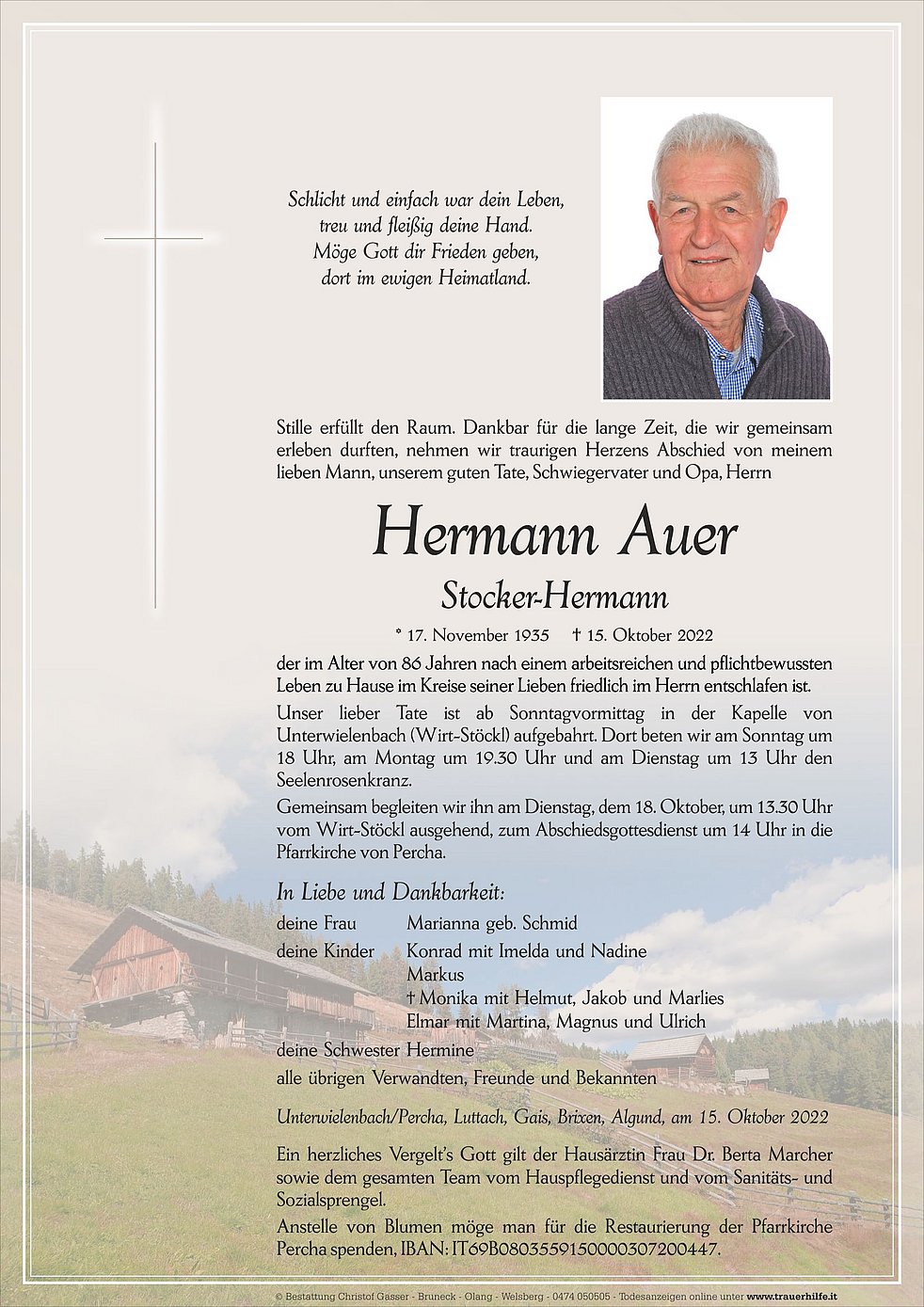 Hermann Auer aus Percha TrauerHilfe.it das Südtiroler Gedenkportal