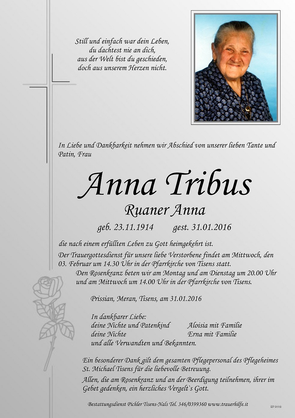 Anna Tribus aus Tisens TrauerHilfe.it das Südtiroler Gedenkportal