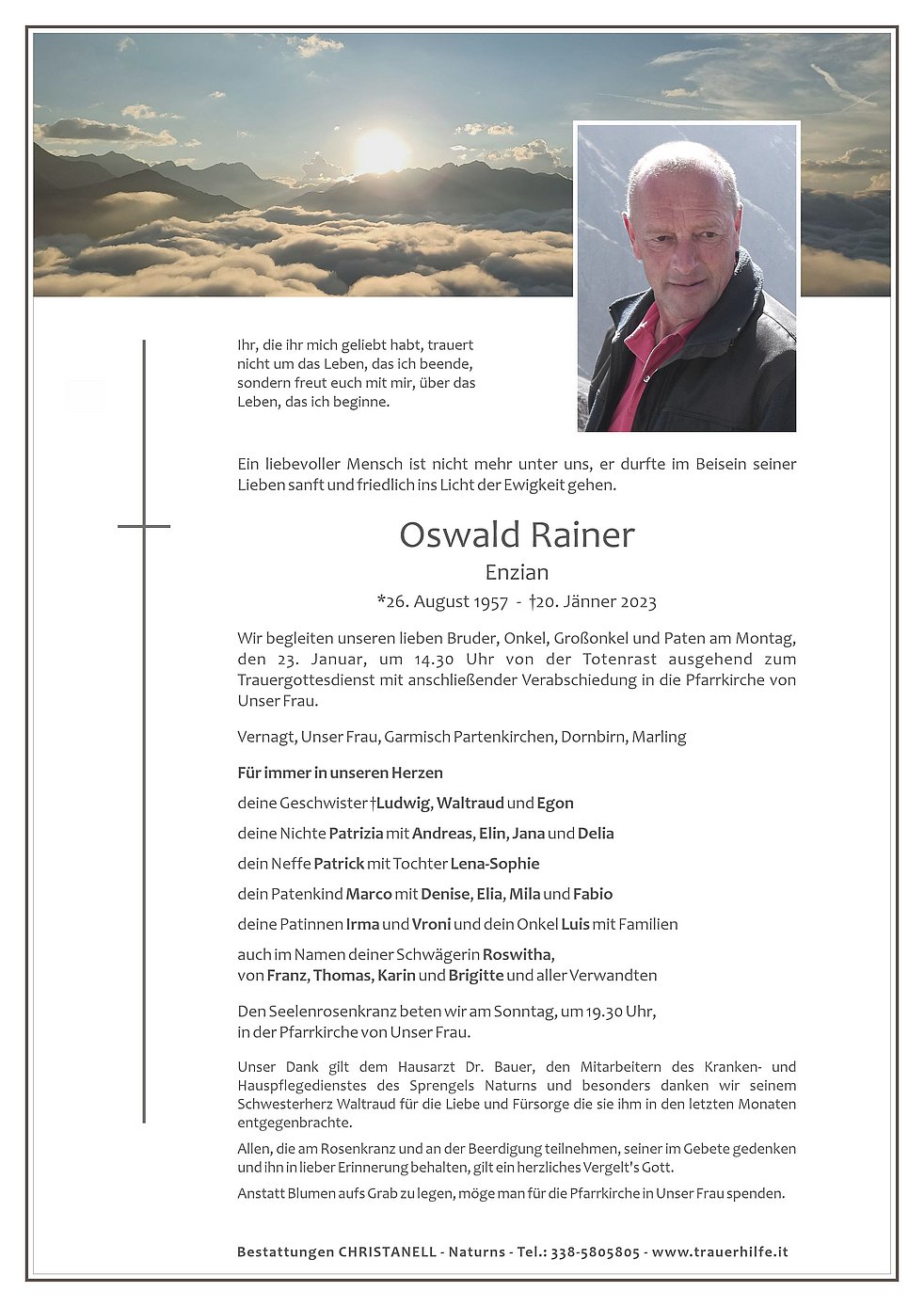 Oswald Rainer aus Schnals TrauerHilfe.it das Südtiroler Gedenkportal