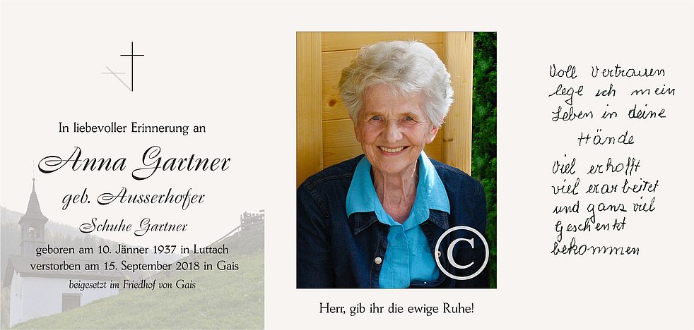 Anna Gartner aus Gais TrauerHilfe.it das Südtiroler Gedenkportal