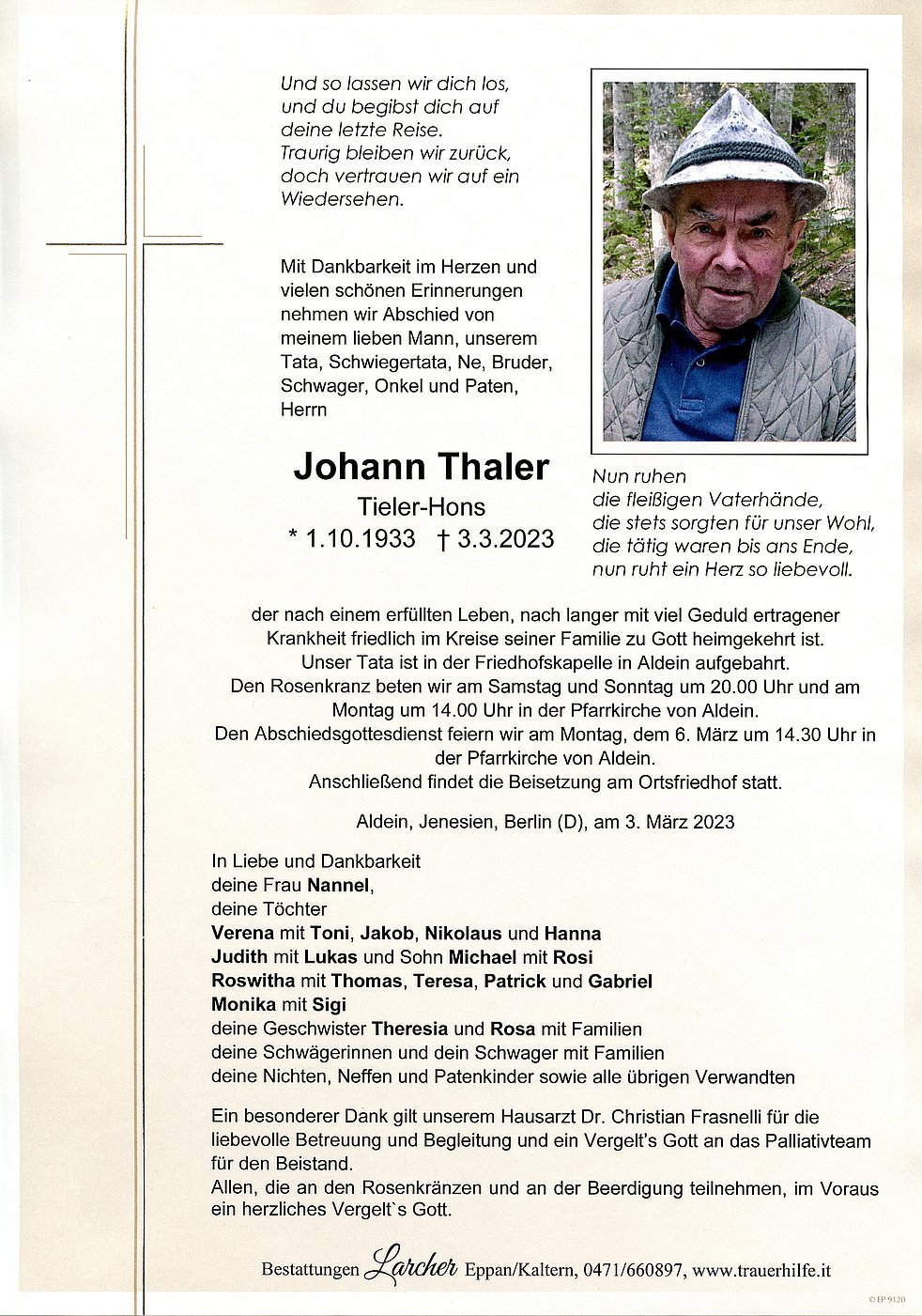 Johann Thaler aus Aldein TrauerHilfe.it das Südtiroler Gedenkportal
