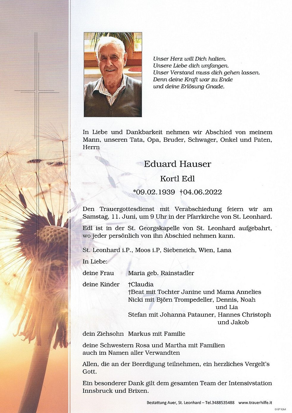 Eduard Hauser aus St. Leonhard i. P. TrauerHilfe.it das Südtiroler