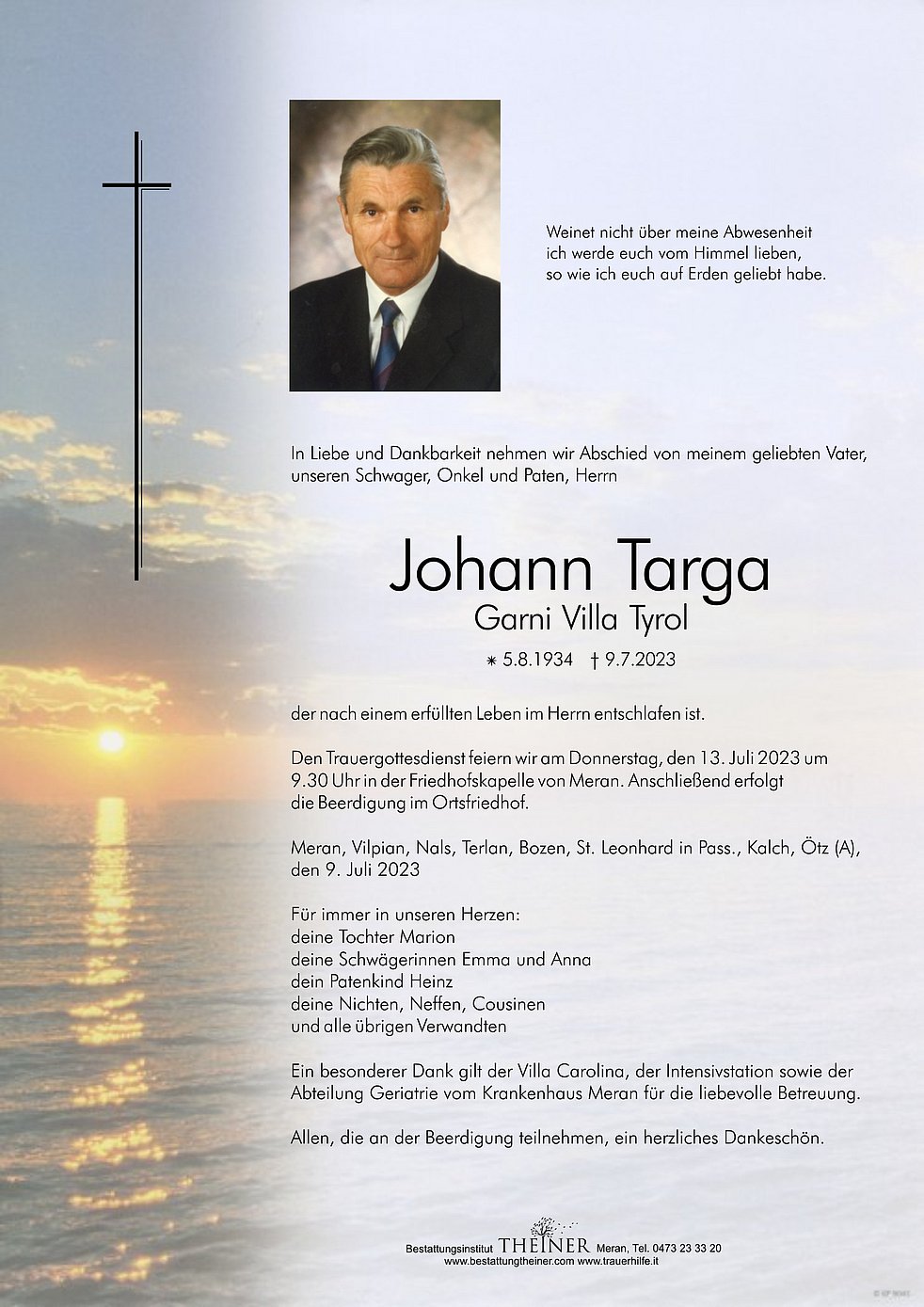 Johann Targa aus Meran TrauerHilfe.it das Südtiroler Gedenkportal