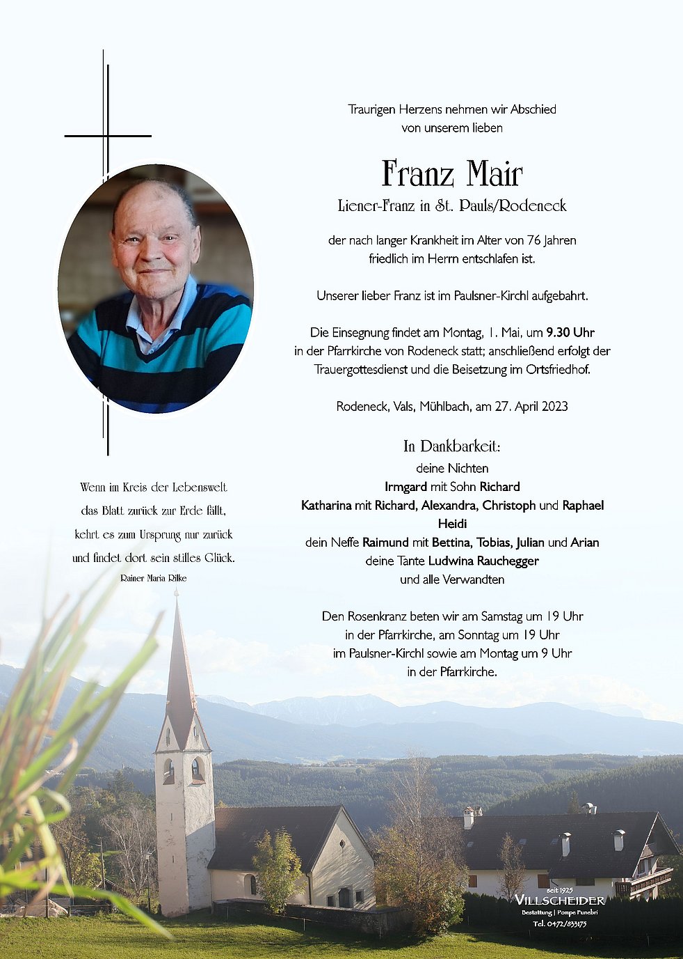 Franz Mair aus Rodeneck TrauerHilfe.it das Südtiroler Gedenkportal