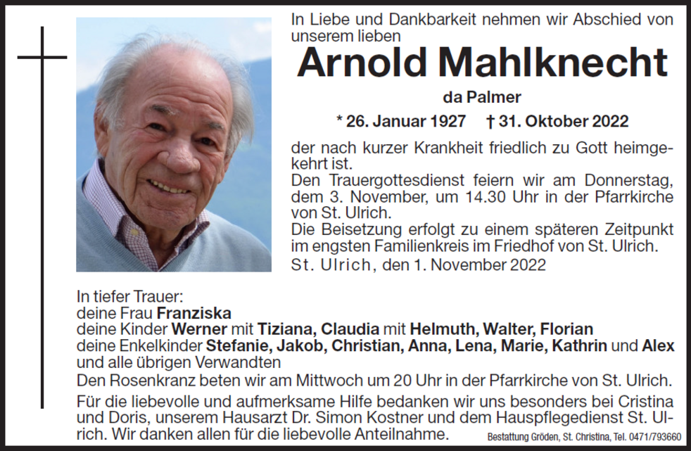 Arnold Mahlknecht aus Kastelruth TrauerHilfe.it das Südtiroler