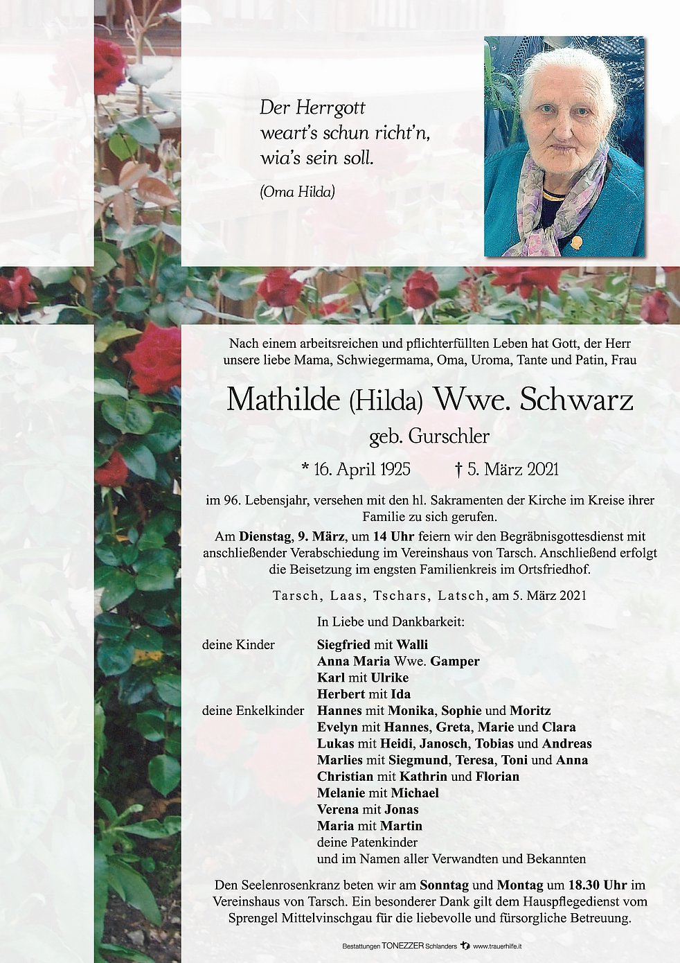 Mathilde (Hilda) Wwe. Schwarz aus Latsch - TrauerHilfe.it - das ...