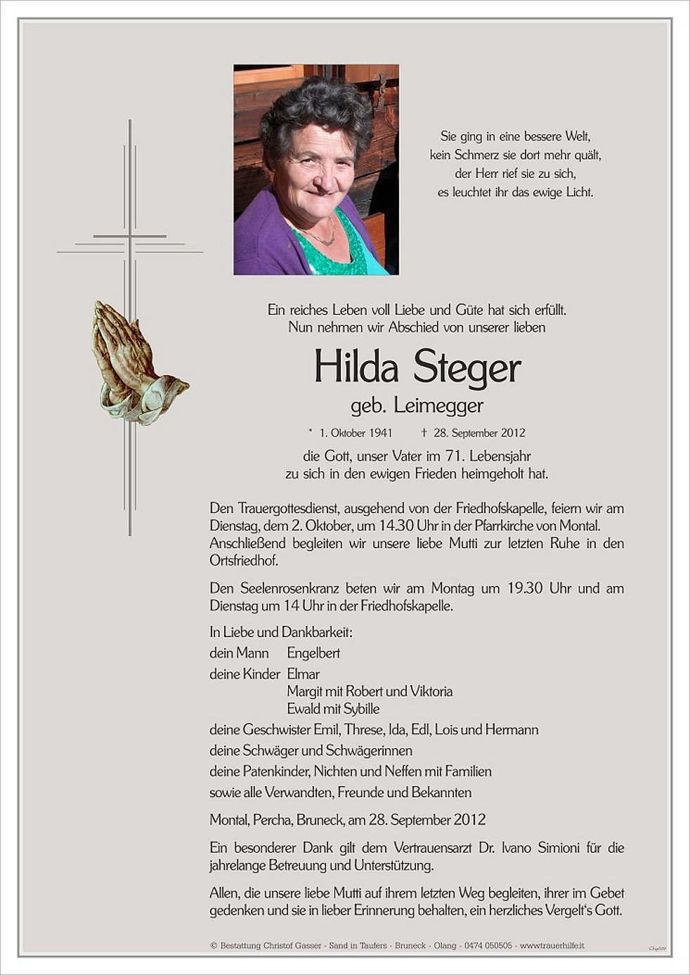 Hilda Steger aus St. Lorenzen TrauerHilfe.it das Südtiroler