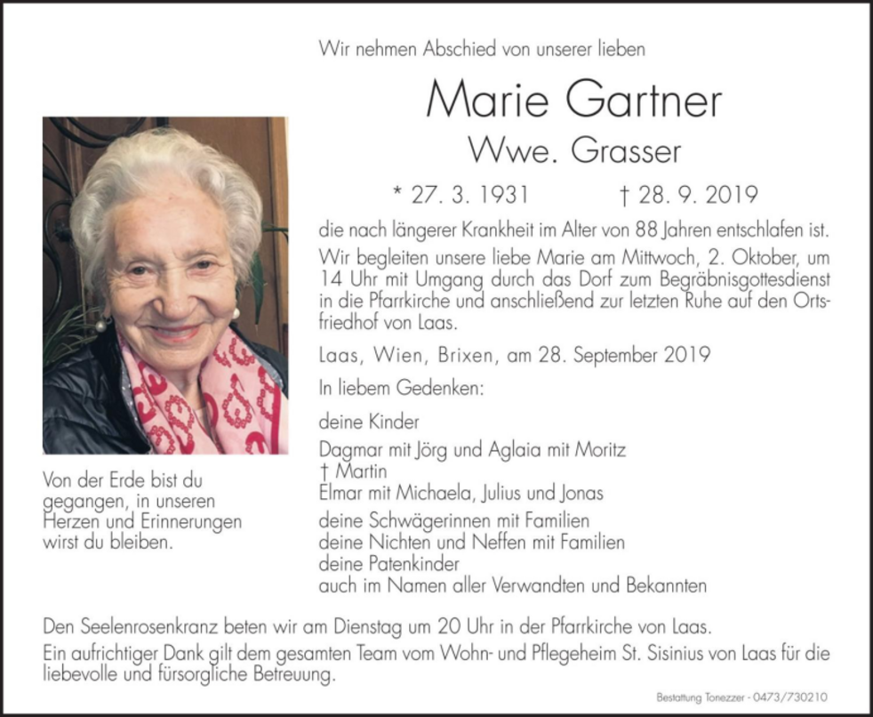 Marie Gartner aus Laas TrauerHilfe.it das Südtiroler Gedenkportal