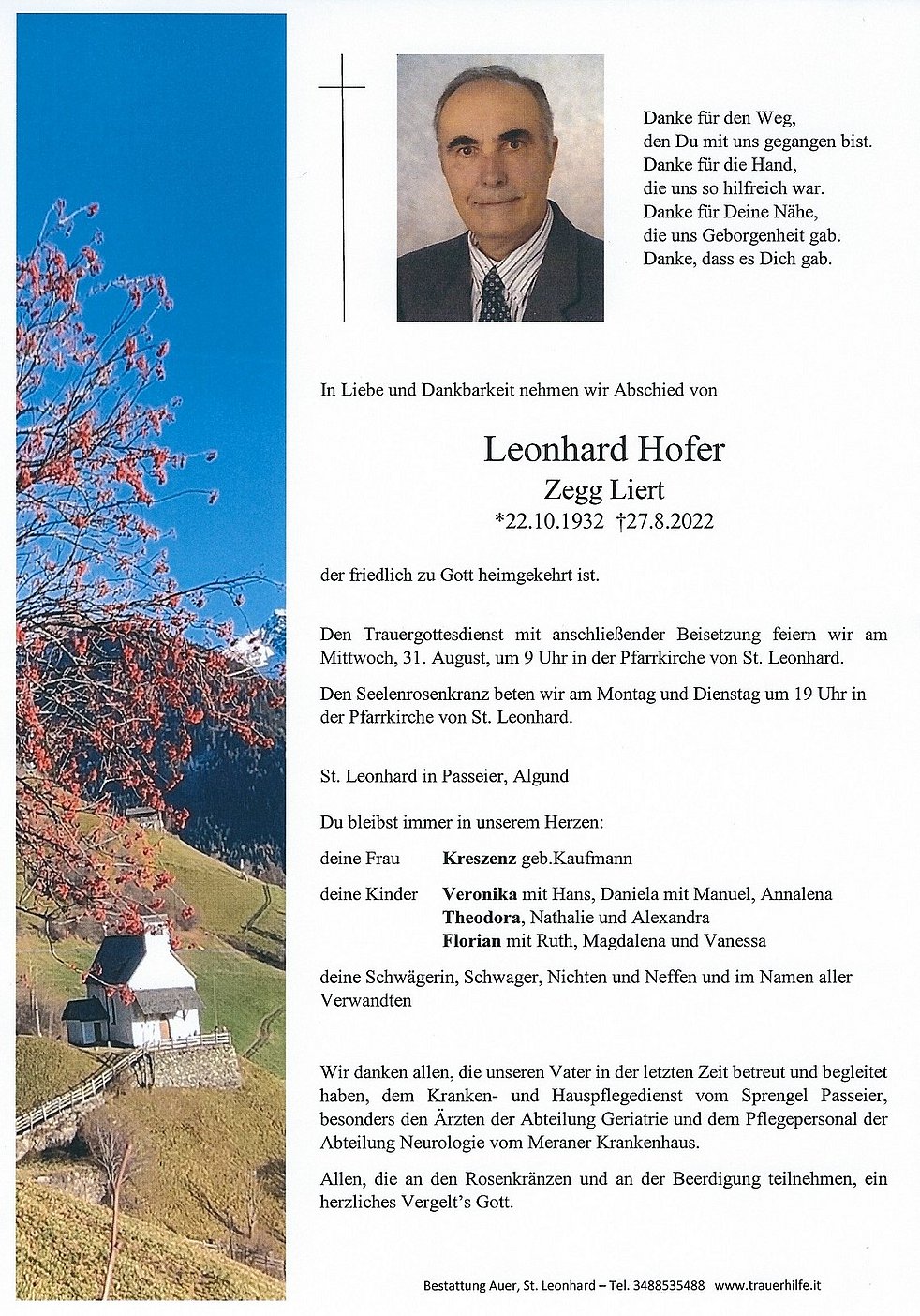 Leonhard Hofer aus St. Leonhard i. P. TrauerHilfe.it das Südtiroler