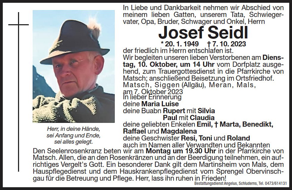 Josef Seidl aus Mals TrauerHilfe.it das Südtiroler Gedenkportal
