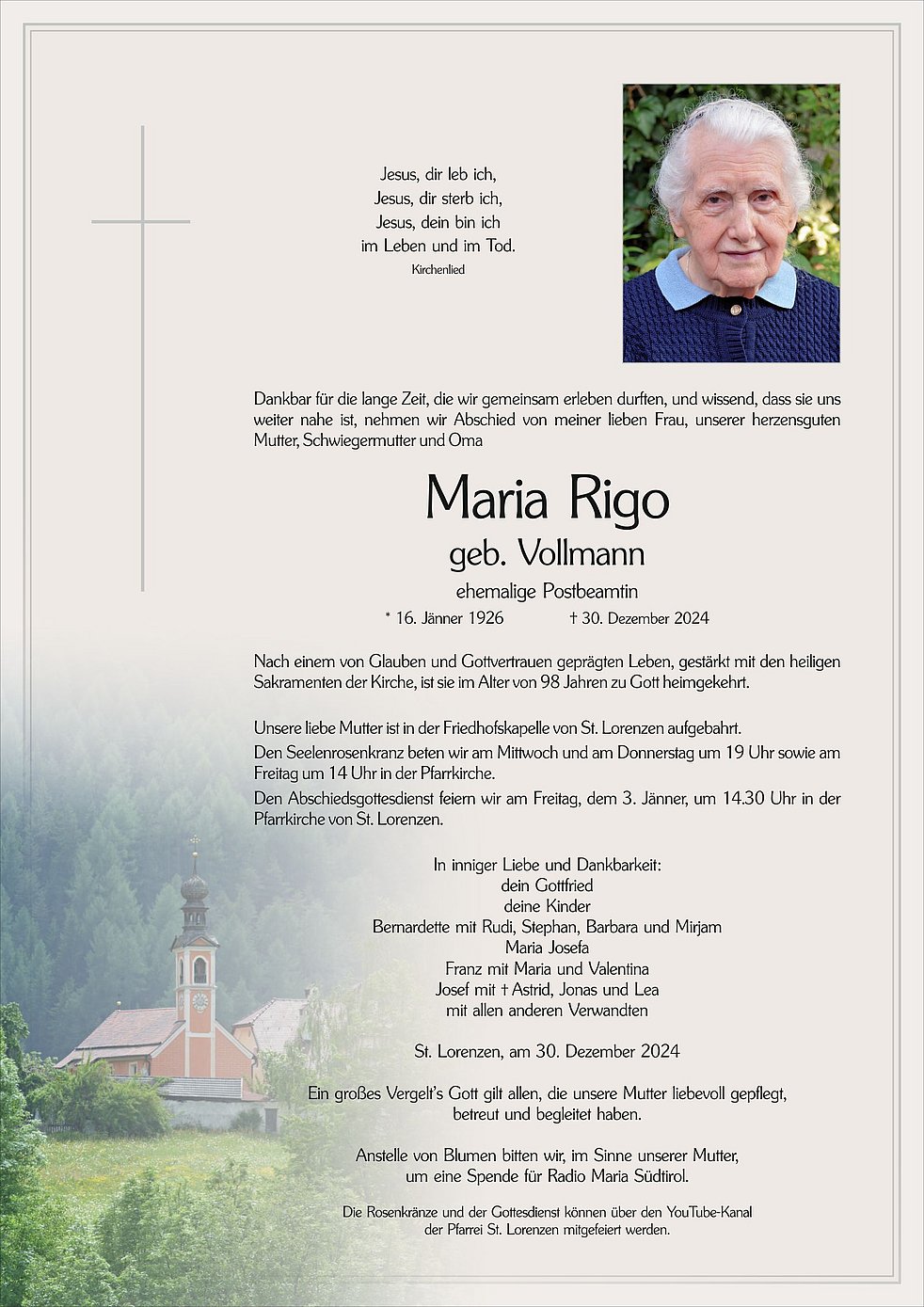 Maria Rigo aus St. Lorenzen - TrauerHilfe.it - das Südtiroler Gedenkportal