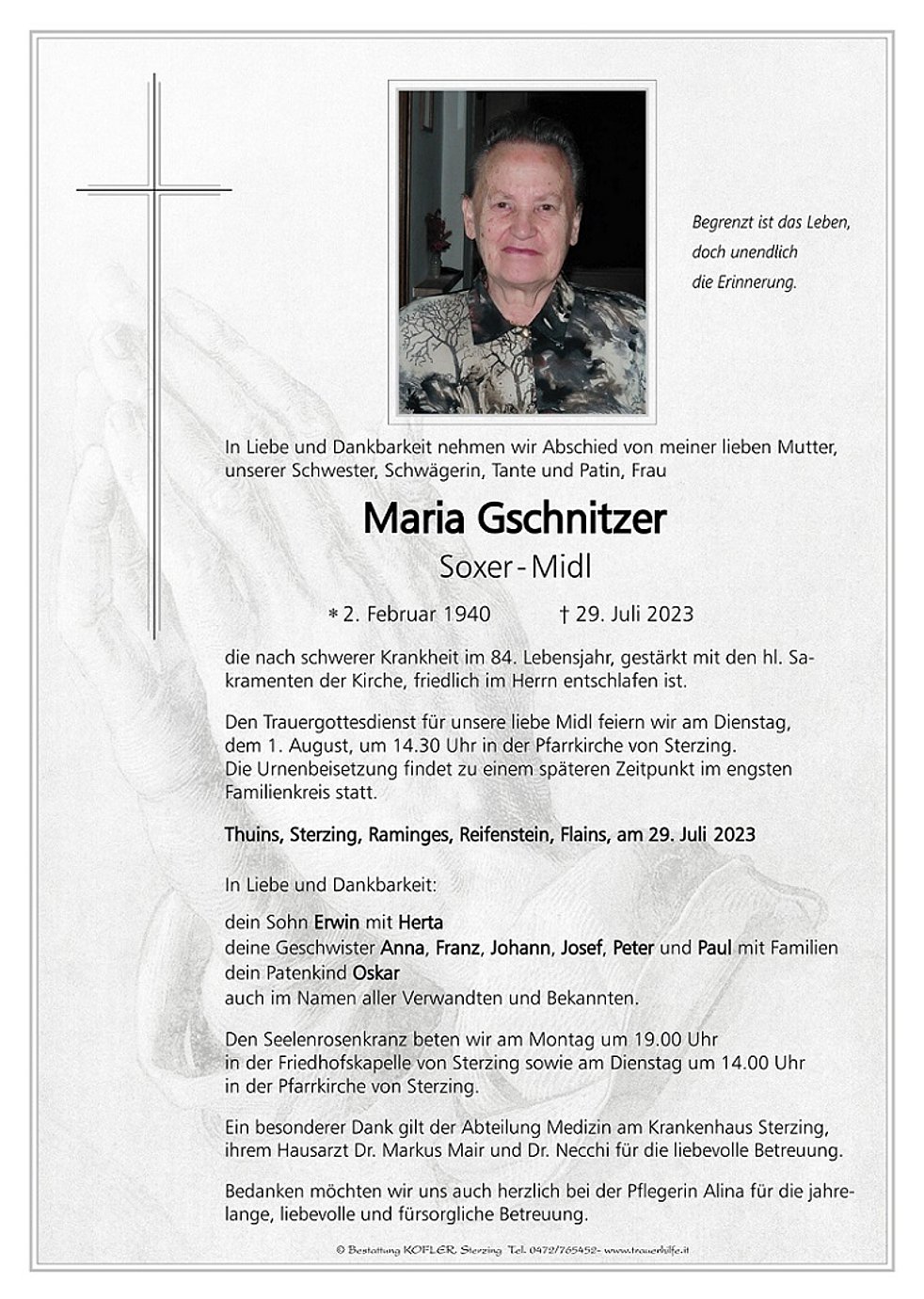 Maria Gschnitzer aus Sterzing TrauerHilfe.it das Südtiroler