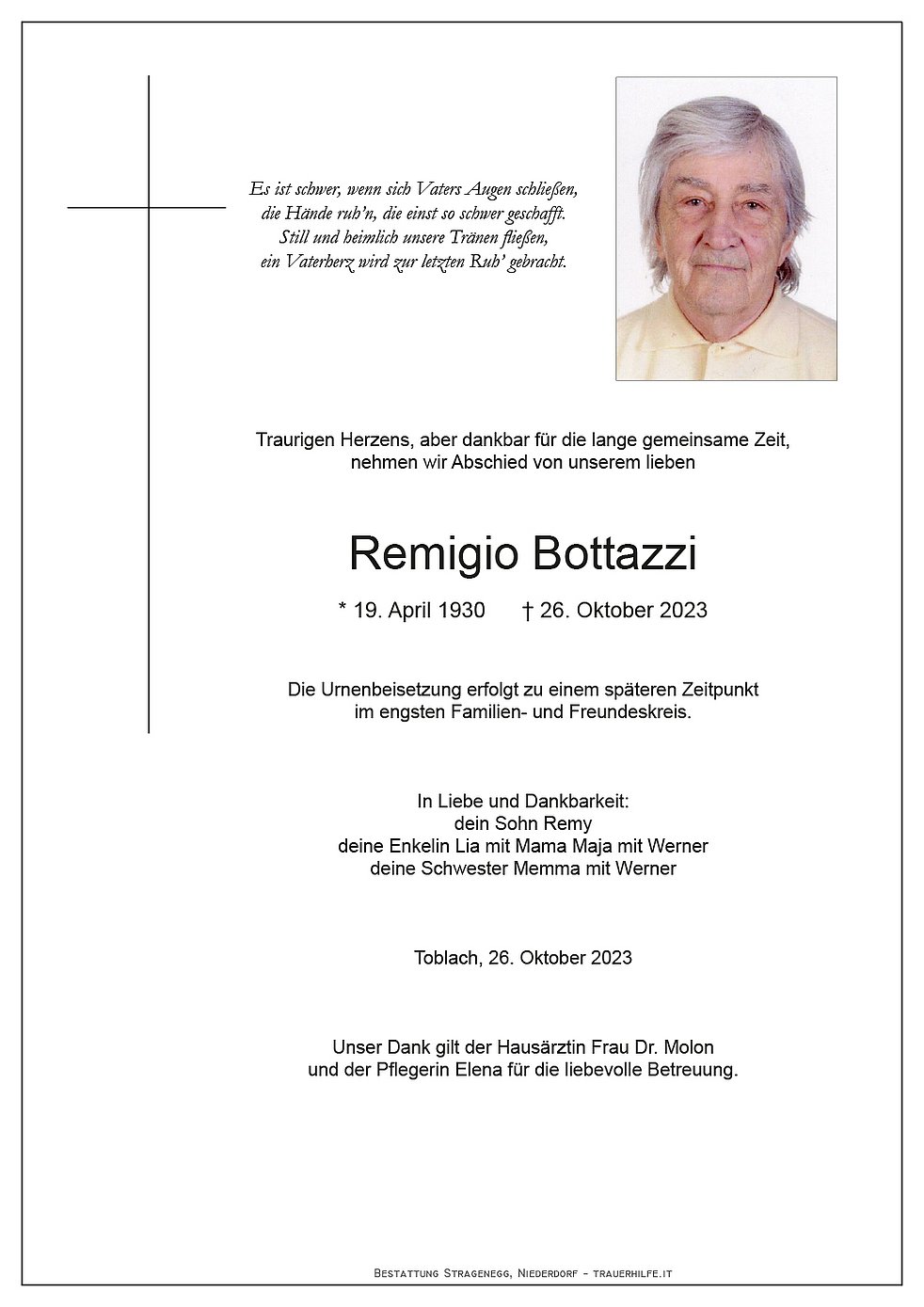 Remigio Bottazzi aus Toblach TrauerHilfe.it das Südtiroler Gedenkportal