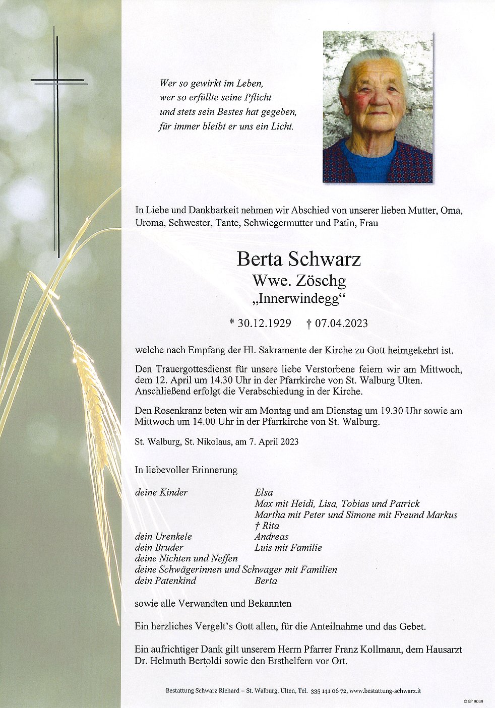 Berta Wwe. Zöschg aus Ulten TrauerHilfe.it das Südtiroler Gedenkportal