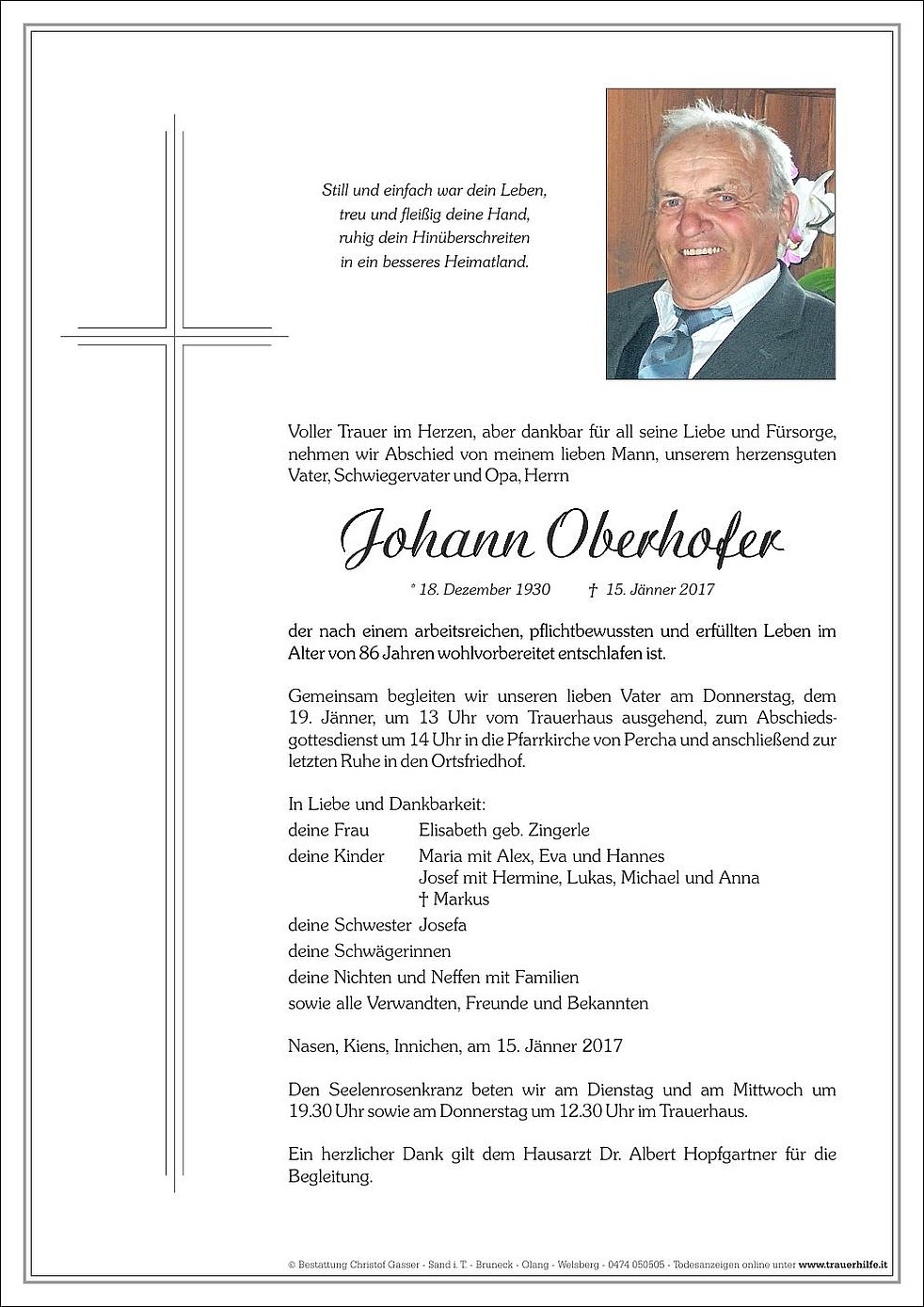Johann Oberhofer aus Percha - TrauerHilfe.it - das Südtiroler Gedenkportal