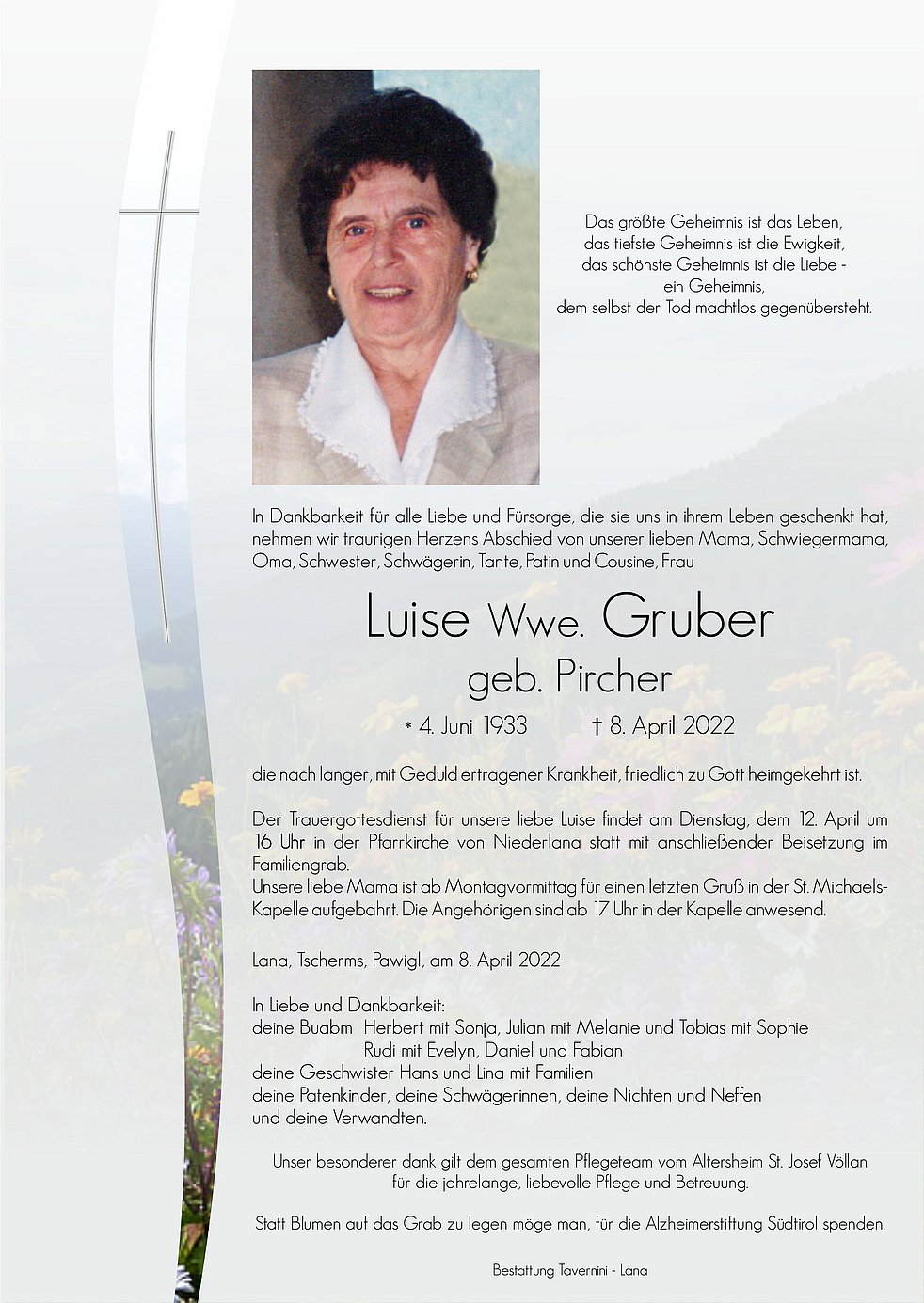 Luise Wwe. Gruber aus Lana - TrauerHilfe.it - das Südtiroler Gedenkportal