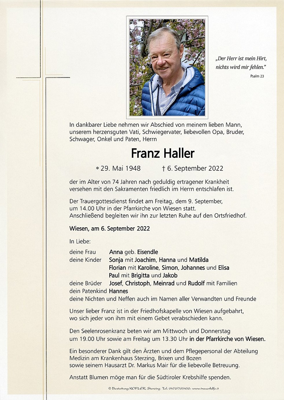 Franz Haller aus Pfitsch TrauerHilfe.it das Südtiroler Gedenkportal