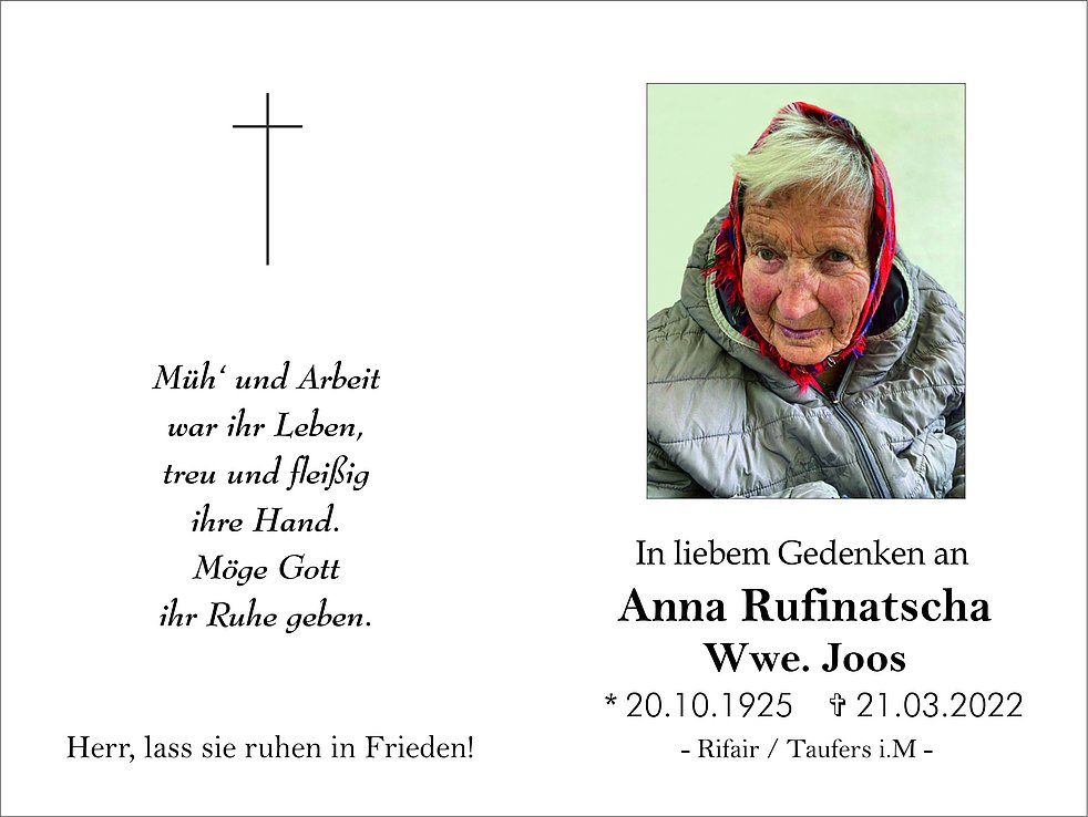 Anna Rufinatscha Wwe. Joos aus Taufers i. Münstertal TrauerHilfe.it