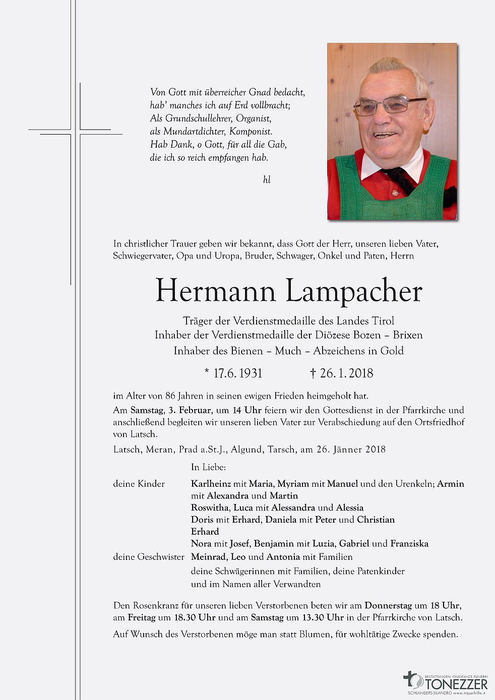 Hermann Lampacher aus Latsch TrauerHilfe.it das Südtiroler Gedenkportal