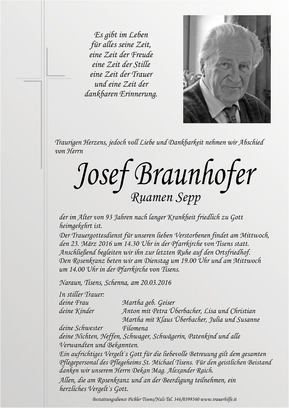 Josef Braunhofer aus Tisens - TrauerHilfe.it - das Südtiroler Gedenkportal