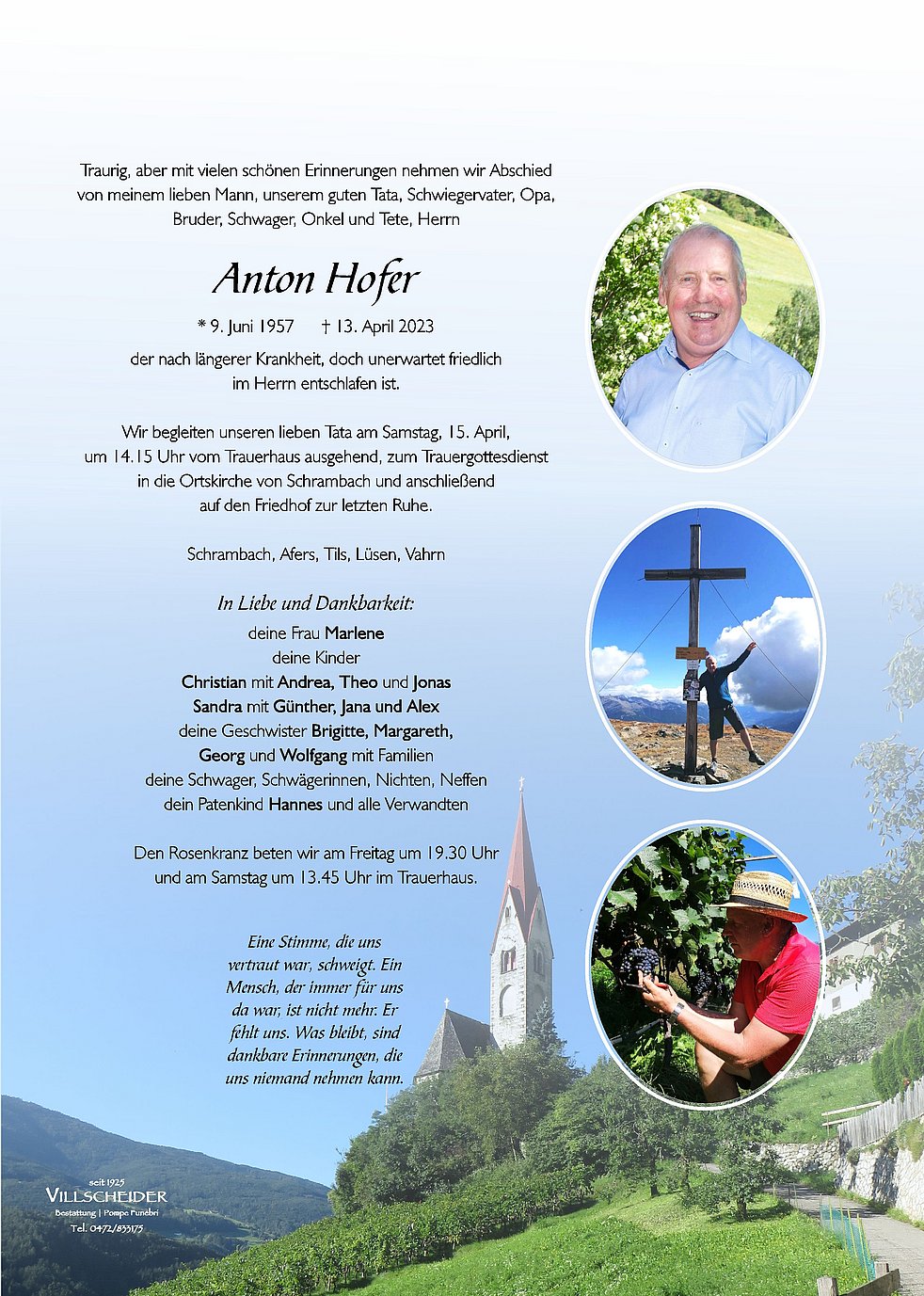 Anton Hofer aus Feldthurns TrauerHilfe.it das Südtiroler Gedenkportal