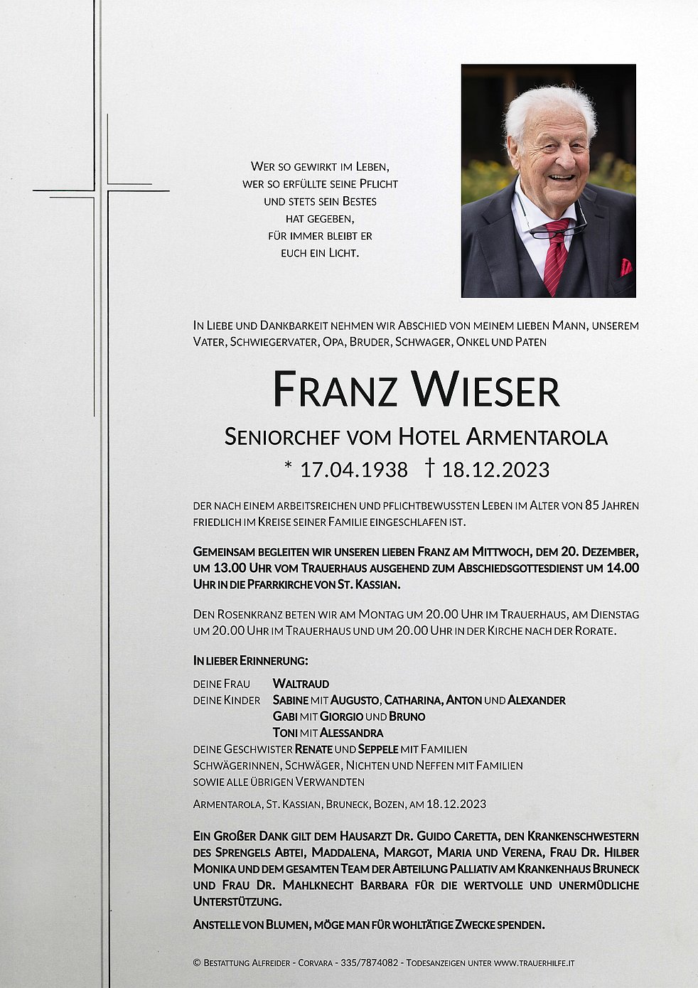 Franz Wieser aus Abtei TrauerHilfe.it das Südtiroler Gedenkportal