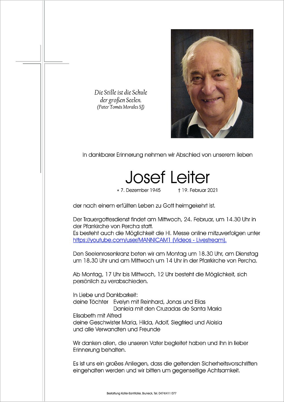 Josef Leiter aus Percha TrauerHilfe.it das Südtiroler Gedenkportal
