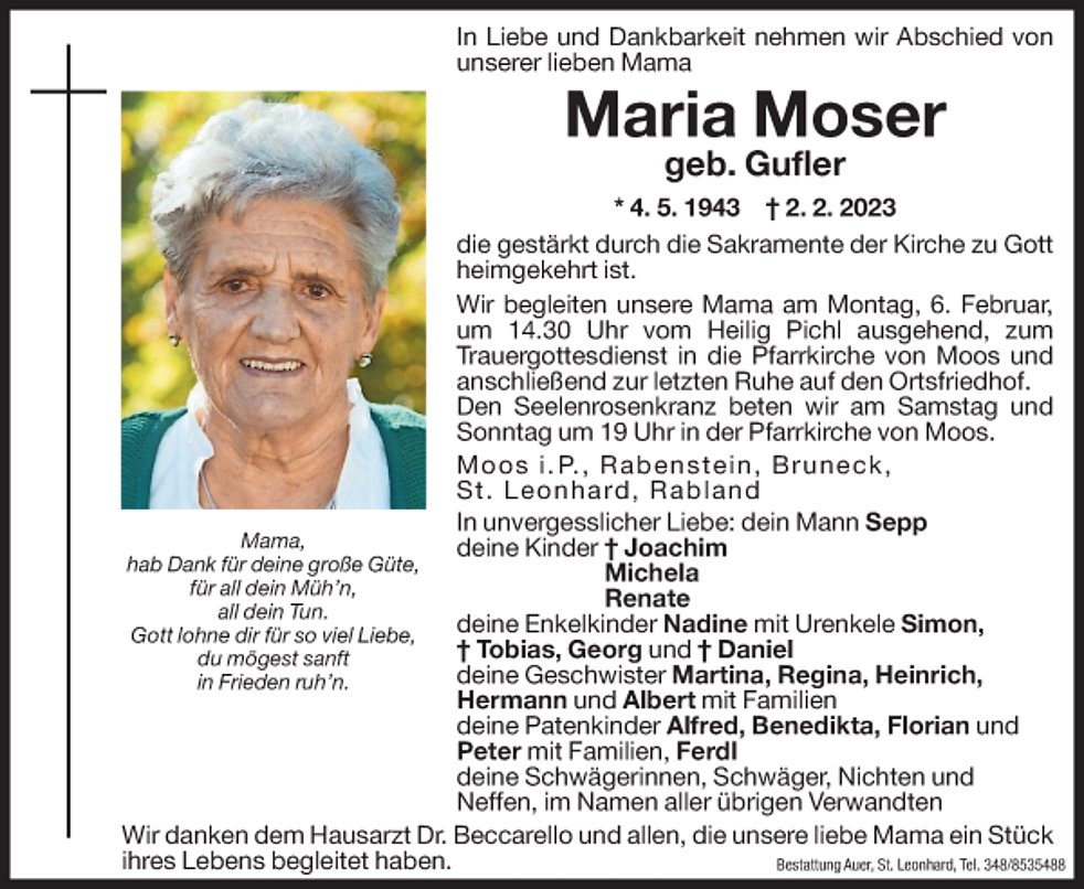 Maria Moser aus Moos i. P. TrauerHilfe.it das Südtiroler Gedenkportal