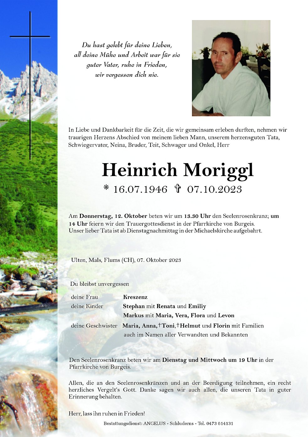 Heinrich Moriggl aus Mals TrauerHilfe.it das Südtiroler Gedenkportal