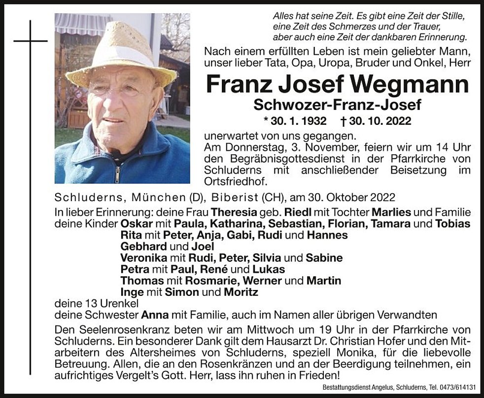 Franz Josef Wegmann aus Schluderns TrauerHilfe.it das Südtiroler