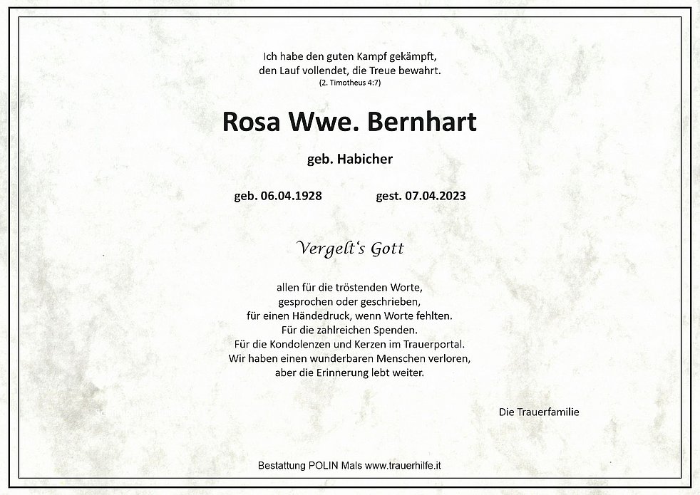 Rosa Bernhart aus Mals TrauerHilfe.it das Südtiroler Gedenkportal