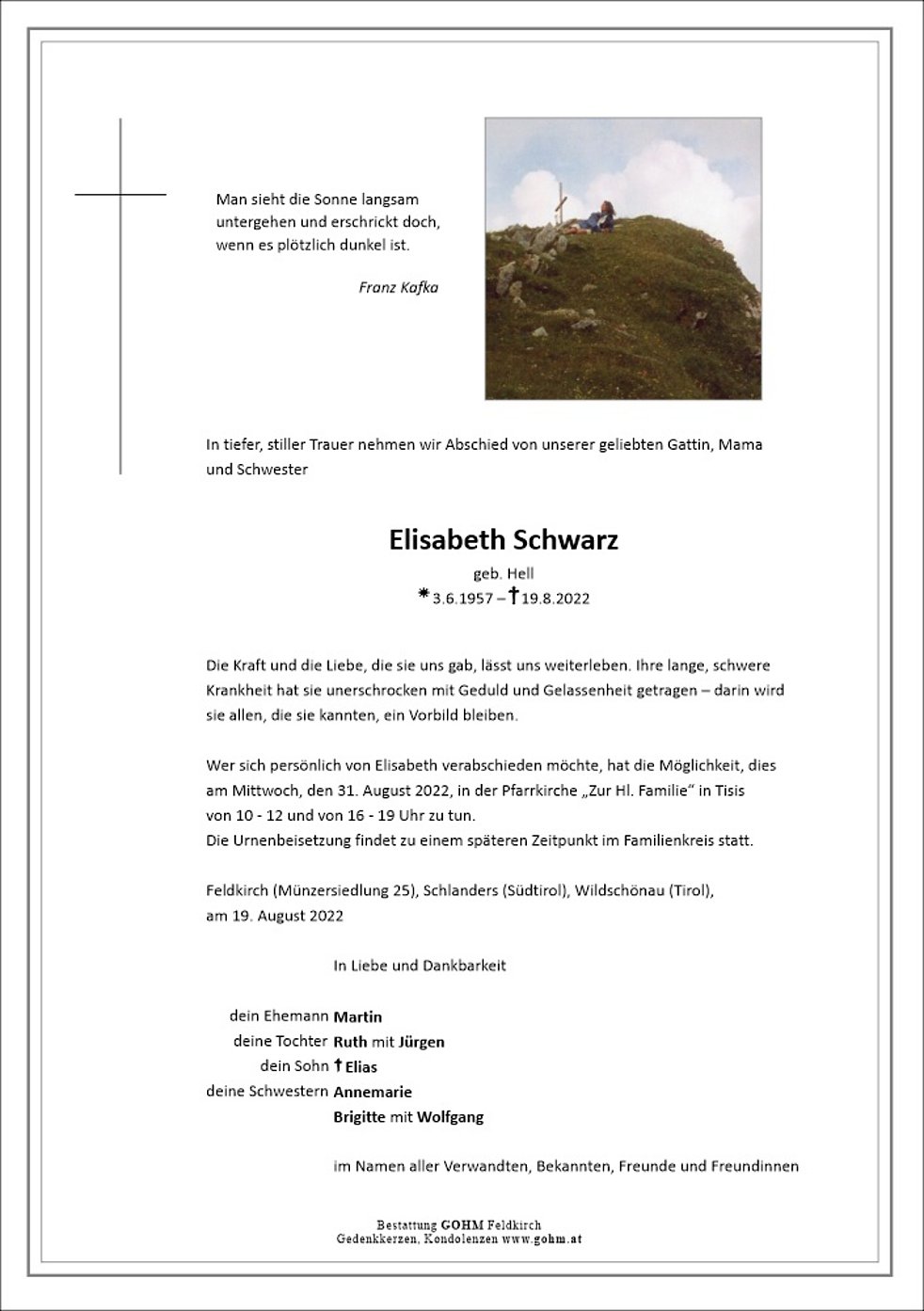 Elisabeth Schwarz aus außerhalb Südtirol TrauerHilfe.it das