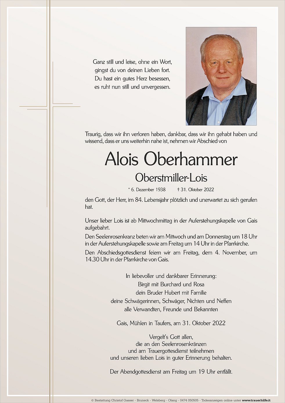Alois Oberhammer aus Gais TrauerHilfe.it das Südtiroler Gedenkportal