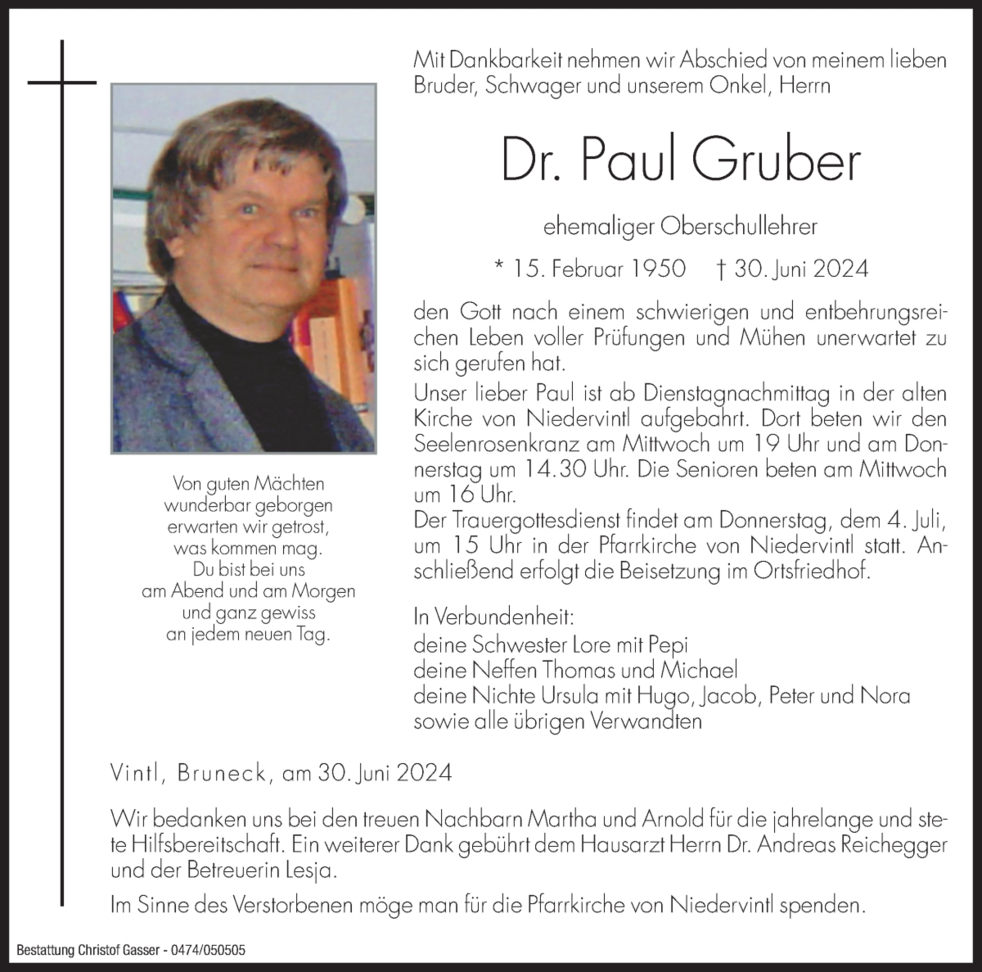 Dr. Paul Gruber aus Vintl TrauerHilfe.it das Südtiroler Gedenkportal