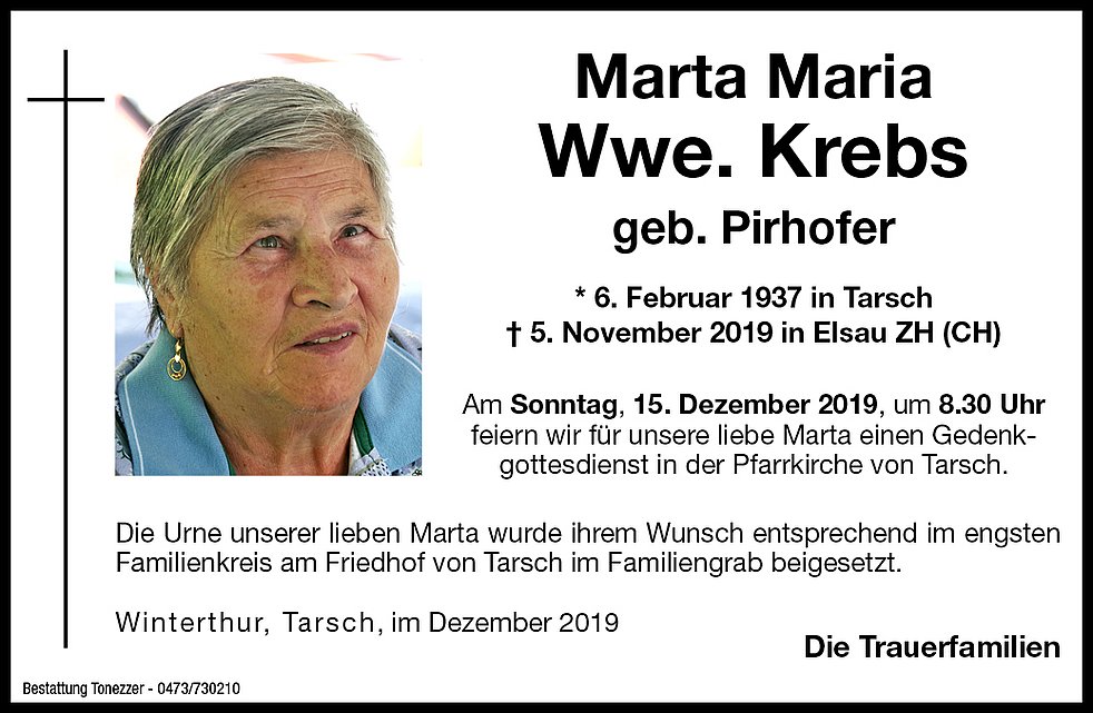 Marta Maria Krebs aus außerhalb Südtirol - TrauerHilfe.it - das ...